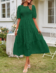 Women's Summer Casual Lace Dress Floral Ruffle Puff Short Sleeve High Waist Midi Beach Dresses