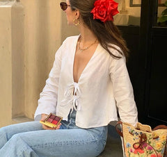 Deep V Bell Sleeve Tied Top Women