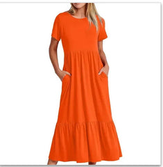 Women's Sub-round Neck Pleating Layered Large Swing Casual Dress