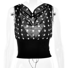 Polka Dots Print Oblique Shoulder Tops Summer Patchwork Chiffon Crop Backless Blouse Casual Streetwear Tee