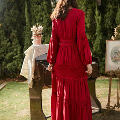 V-Neck High-Waisted Long-Sleeved Lace Dress