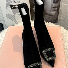 Rhine-drill Pointed High Heels Square Buckle Elastic Boots Large Size Ankle Boots Low Heel