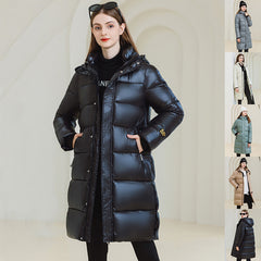 Winter Warm Hooded Coat With Pockets Fashion Simple Long Cotton puffer Jacket Solid Color Outwear Women's Clothing
