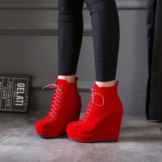 High-heeled Sponge Cake Was Thin Suede Lace-up Women