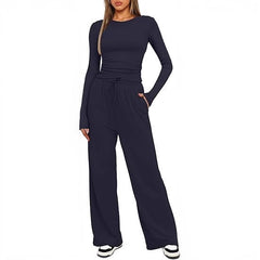 2 Pieces Women's Suit Autumn Winte Long Sleeve Tops High Waisted Wide Leg Pants Sportswear Female Clothes Solid Color Casual Suit