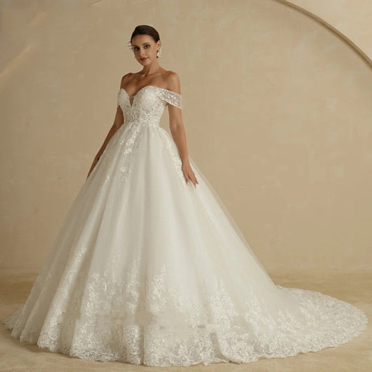 Off-shoulder Bridal Main Wedding Dress Elegant Court Style  French Light Door Yarn
