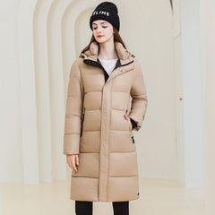 Winter Warm Hooded Coat With Pockets Fashion Simple Long Cotton puffer Jacket Solid Color Outwear Women's Clothing