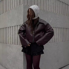 Lapel Zipper Jacket  Casual Long Sleeve Leather Coat