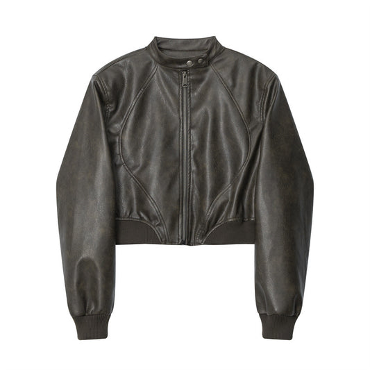 American Fashion Stand Collar Long Sleeve Short PU Leather Short Jacket