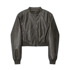 American Fashion Stand Collar Long Sleeve Short PU Leather Short Jacket