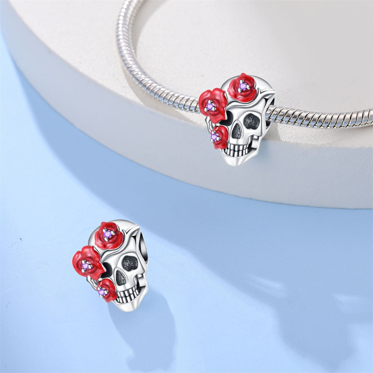Blood-red rose gothic bracelet with silver-plated beads - view 4