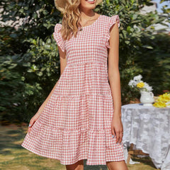 Plaid Flying Sleeves Mid-length Dress