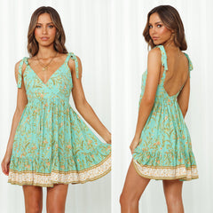 Summer New Sexy V-Neck Sling Straps Printed Pleated Dress Women