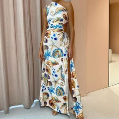 Sling Drawstring Conch Split Long Dress