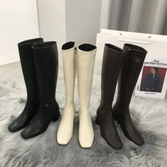 Women's Knee Side Zipper Square Toe Boots