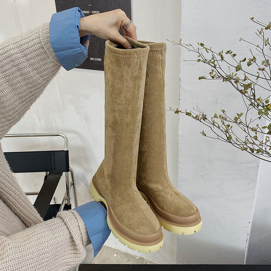 Elastic Thin Boots Women's Net Red Sponge Cake Round Head But Knee-high Tube