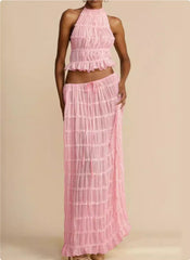 Backless Lace-up Halterneck Sling Top Suit Wooden Ear Pleated Dress