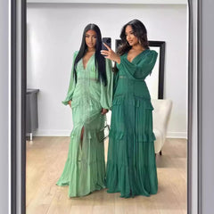 Elegant Stitching Long Sleeve V-neck Dress