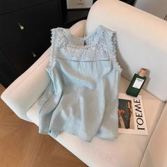 Lace Stitching Sleeveless Cotton And Linen Suit Women