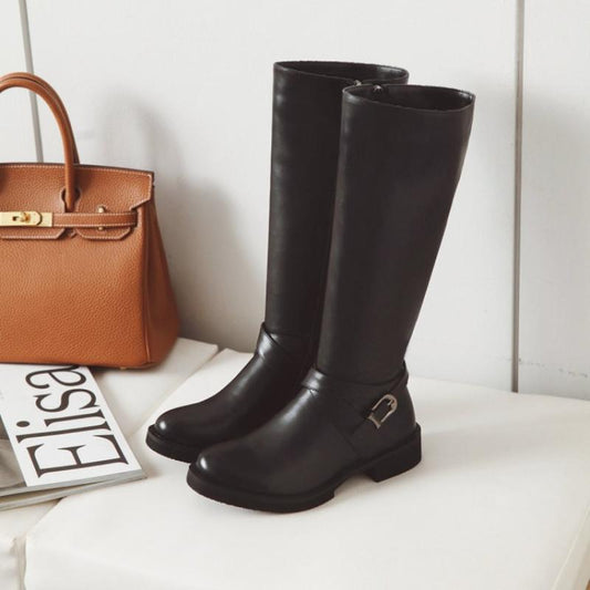 Womens Boots Shoes Flat Knee High Pu Leather  Buckle Riding Calf
