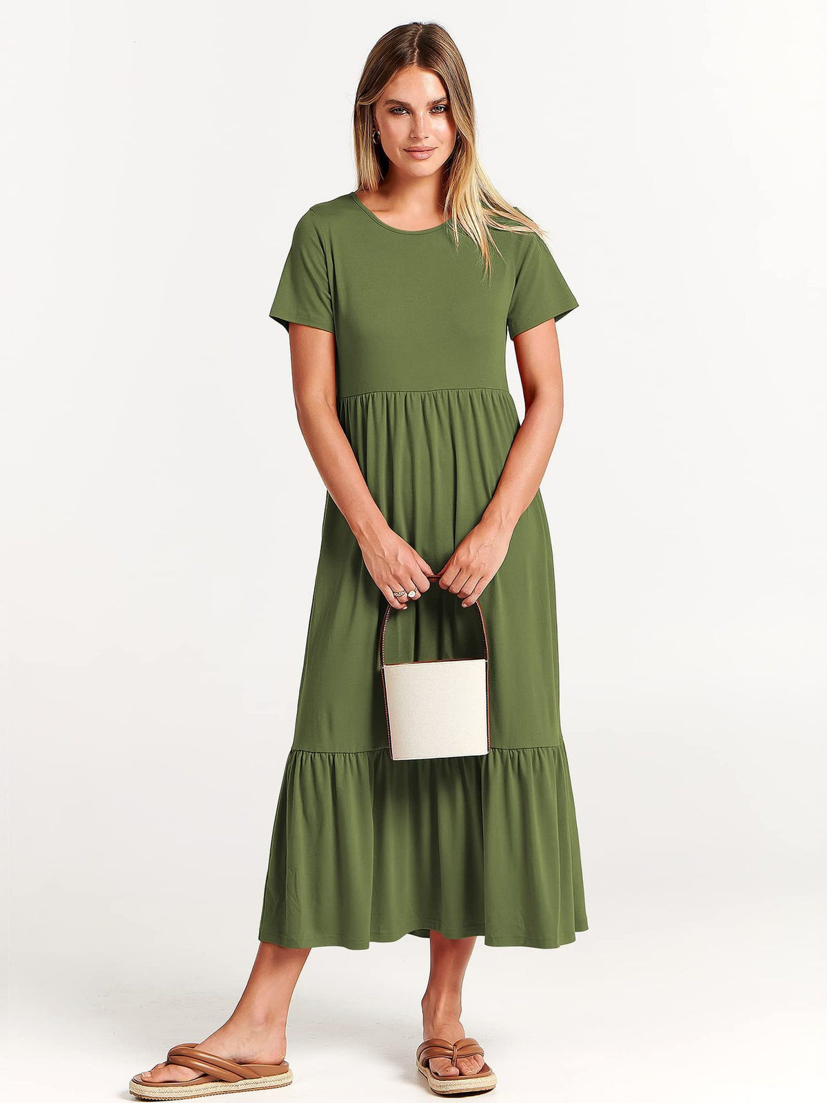 Women's Sub-round Neck Pleating Layered Large Swing Casual Dress