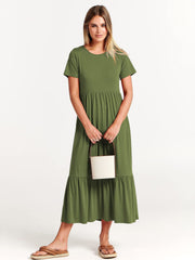 Women's Sub-round Neck Pleating Layered Large Swing Casual Dress