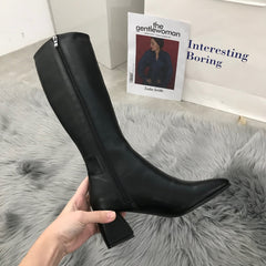 Women's Knee Side Zipper Square Toe Boots