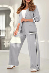 2 Pcs Set Women Suit Coat Pants Suit Lapel Long Sleeves Lady Jacket Wide Leg High Waist Trousers Female Commuting Office Outfit