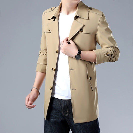Spring And Autumn Men's Trench Coat With Buttons  Jacket Slim Regular Classic Jacket