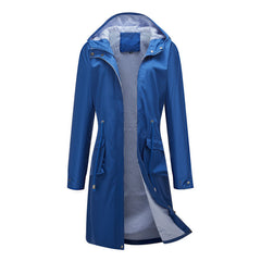 Long Casual Windbreaker Women's Waterproof Hooded Solid Color  Striped Lining Straight Coat