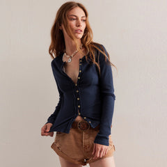 Round Neck Button Rib Solid Color Autumn And Winter Warm Cardigan Jacket For Women