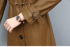 Women Leather Trench Spring Turn-down Collar Solid Color Drawstring Loose Long Sheepskin Coat