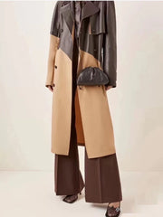 Leather Stitching Trench Coat Tied Double Breasted Fitted Waist Over The Knee
