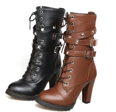 Comfort Side Zip Studs Thick Heel Mid Boots High Heel Lace  Boots