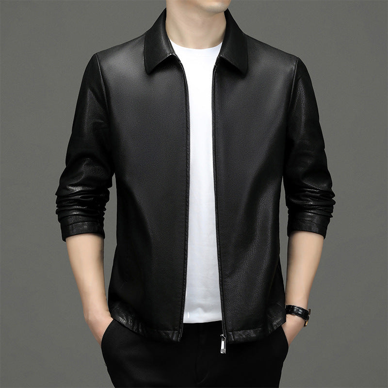 Men's lapel leather jacket coat - view 2