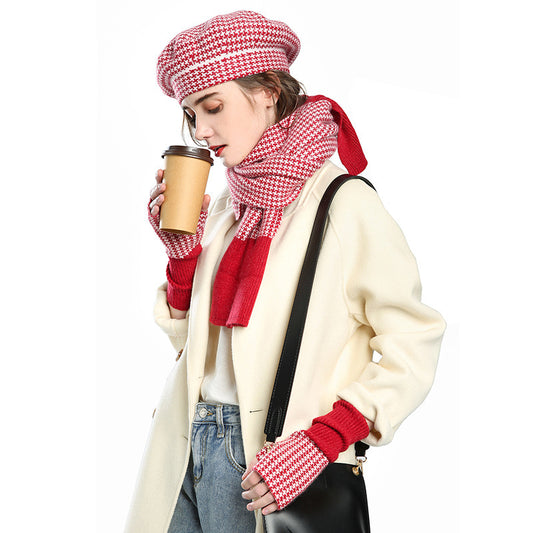 Female Plaid Painter Warm Hat Scarf Gloves Three-piece Suit