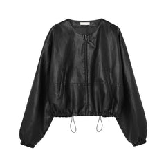 Autumn Drawstring Simple  Leather Jacket Top Fashionable Clothing