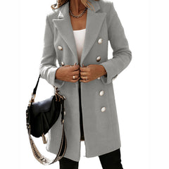 Turndown Collar Jacket For Women Autumn Winter Long-sleeved Double-breasted Woolen Coat