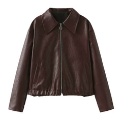 Lapel Zipper Jacket  Casual Long Sleeve Leather Coat