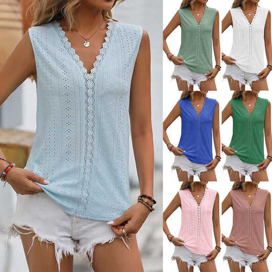 Solid Color Hole Lace V-neck Sleeveless Vest