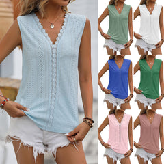 Solid Color Hole Lace V-neck Sleeveless Vest