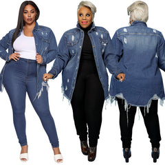 Women's Coat Cardigan Ripped Wash Denim Trench Coat