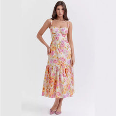 Spring And Summer Comely Pastoral Style Sling Floral A Swing Cake Dress