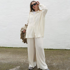 New Style Pleated Casual Shirt Suit Long-sleeved Trousers