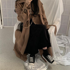 Retro Trench Coat Coat Women's Autumn Korean-style Mid-length Loose And Lazy Style Young Below-the-knee Coat