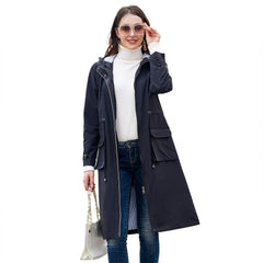 Long Casual Windbreaker Women's Waterproof Hooded Solid Color  Striped Lining Straight Coat