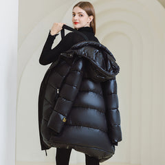 Winter Warm Hooded Coat With Pockets Fashion Simple Long Cotton puffer Jacket Solid Color Outwear Women's Clothing
