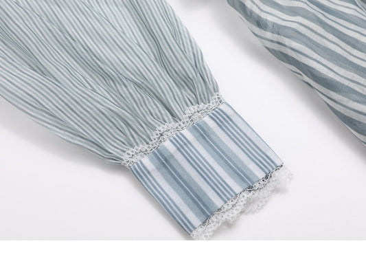 Short Shirt Women Spring Green Striped See-through Organza Turtleneck Patchwork Sexy Top