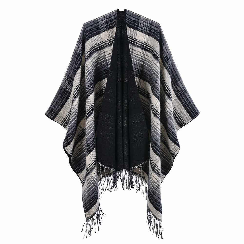 Classic Colorful Plaid Shawl Cape Faux Cashmere Tassel Thickening