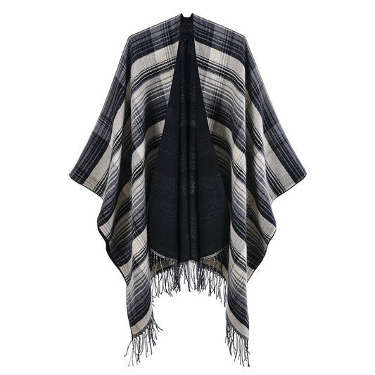 Classic Colorful Plaid Shawl Cape Faux Cashmere Tassel Thickening